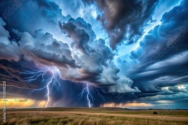 Fototapeta Ominous thunder clouds and lightning over prairies