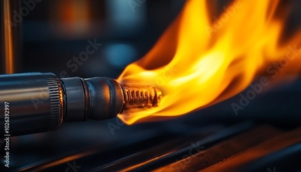 Fototapeta Closeup of a shiny lighter igniting a bright orange flame, showcasing the power of gas as a fuel source and the heat it produces for outdoor tools