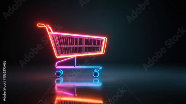 Fototapeta Neon shopping cart in vibrant colors on a dark reflective surface, symbolizing modern retail and e-commerce concepts with bright glowing lights.