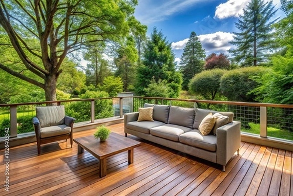 Fototapeta Outdoor furniture on deck with view of trees