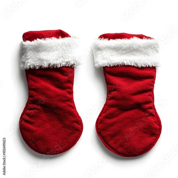 Fototapeta Pair of festive red christmas stockings with white fur trim on white background