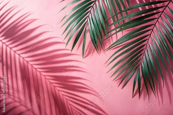 Fototapeta Palm leaf shadows on pink wall background, wide-angle shot
