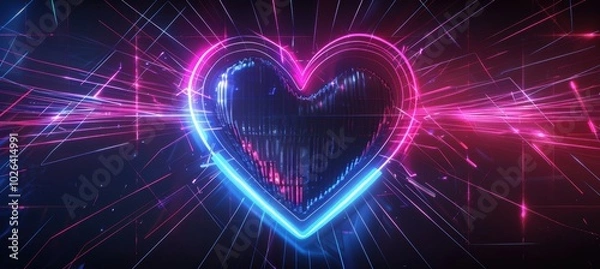 Fototapeta Futuristic Valentine's Day Abstract with Metallic Heart and Neon Pink & Blue Lines for Tech Designs