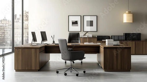 Fototapeta Modern office setup with sleek wooden desks and ergonomic chairs arranged in a clean, minimalist layout, providing a comfortable and functional workspace. 
