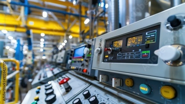 Fototapeta Control panel with digital displays and switches in a factory