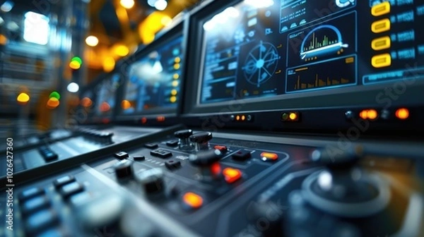 Fototapeta Control panel with digital displays and switches in a factory