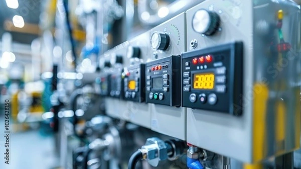 Fototapeta Control panel with digital displays and switches in a factory