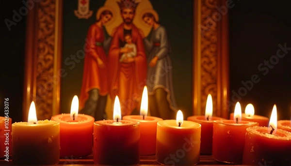 Fototapeta Candles lit in front of an icon depicting a holy family in a dimly lit church
