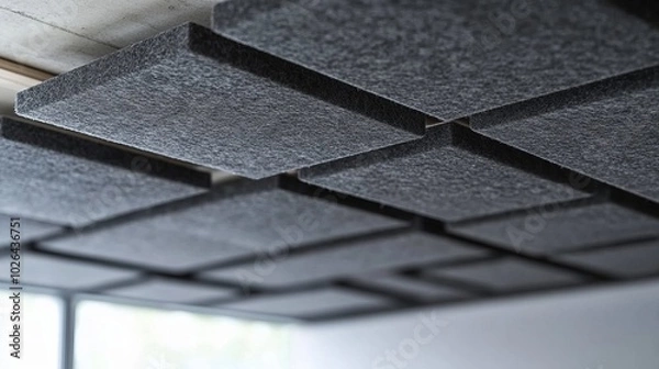 Fototapeta Acoustic ceiling tiles arranged in a grid for sound absorption.