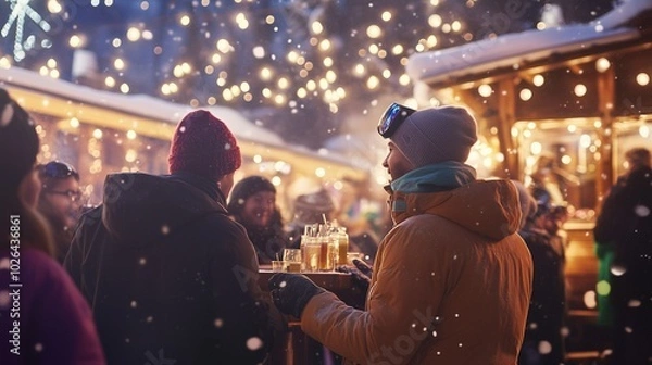 Fototapeta A lively après-ski scene at an outdoor bar, with skiers and snowboarders enjoying drinks and dancing to music under twinkling lights