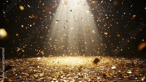 Fototapeta 5. **Dynamic Celebration Setup**: Create an eye-catching image of a festive stage featuring a rain of golden confetti and a bright light beam in the center of a dark room. This design should provide