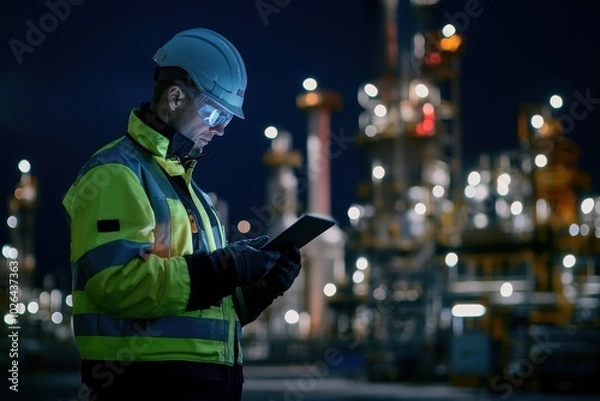 Obraz Engineer in safety gear using a tablet at night in an industrial plant with bright lights.
