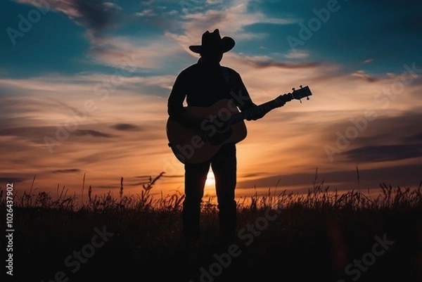 Obraz Silhouette of a man with a guitar at sunset, dark sky with vibrant clouds.
