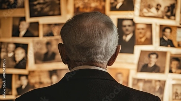 Fototapeta Elderly man is looking at old black and white portraits on the wall
