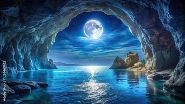 Fototapeta Panoramic mystical moonlit cavern with a tranquil sea