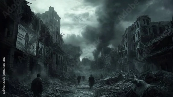 Fototapeta A desolate cityscape with crumbling buildings, smoke, and figures walking through the ruins.