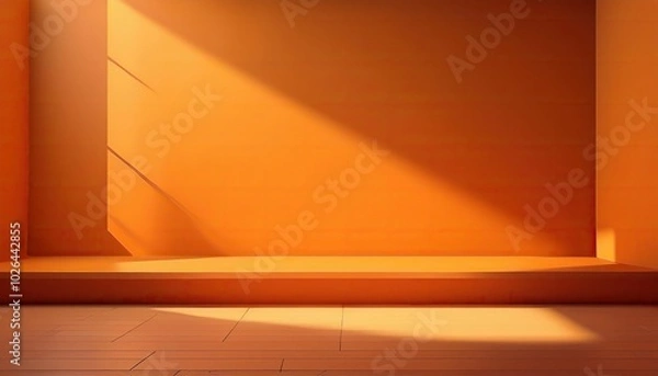 Fototapeta  Empty floor and wall with product podium. Shadow overlay from window to countertop. Mockup illustration with sunlight
