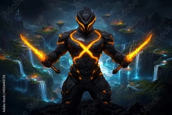 Fototapeta Fantasy warrior in an X shape, holding glowing swords in both hands, standing on a cliff overlooking a mystical landscape of floating islands and crystal waterfalls