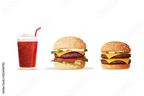 Fototapeta Illustration of a soda, cheeseburger, and hamburger on a transparent background. perfect for fast-food-themed designs and advertising.