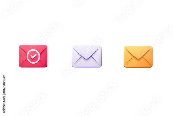 Fototapeta Vibrant email icons featuring three colorful envelopes with unique symbols, representing communication tools for digital correspondence.