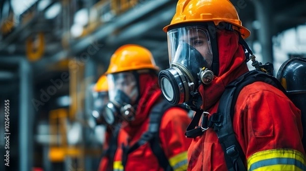 Obraz A macro view of fire-resistant suits and self-contained breathing apparatuses (SCBA) in a petrochemical plant.