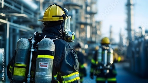 Obraz A macro view of fire-resistant suits and self-contained breathing apparatuses (SCBA) in a petrochemical plant.