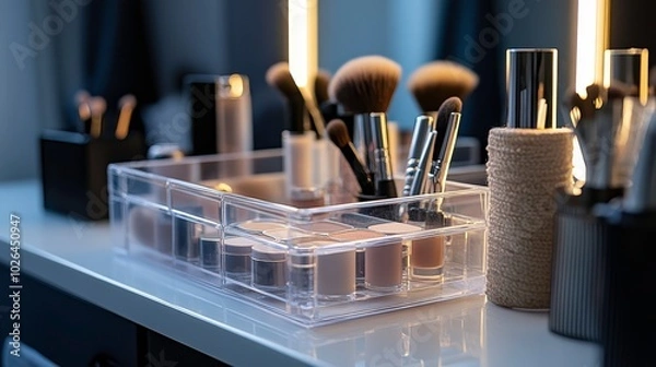 Fototapeta Makeup organizer with brushes and foundations displayed