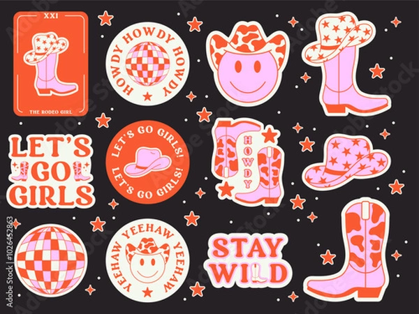 Obraz Set of Cowgirl Pink Stickers. Vector Design Elements. Collection of Cowgirl Boots, Hat and Disco Ball. Wild West, Western Themed, Y2K.
