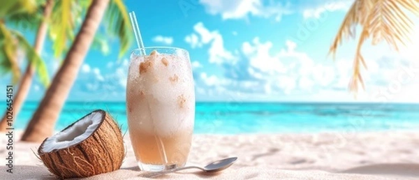 Fototapeta Refreshing coconut drink with a tropical beach backdrop, perfect for summer vibes and relaxation.