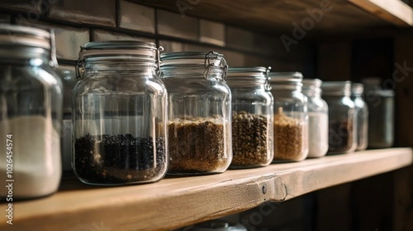 Fototapeta Variety of glass jars filled with grains and spices