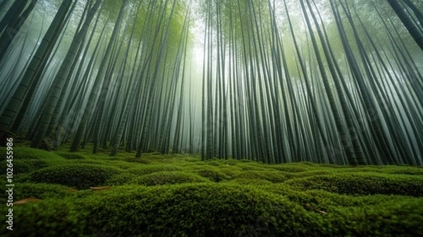 Fototapeta A serene bamboo forest enveloped in mist, showcasing lush greenery and tranquility.