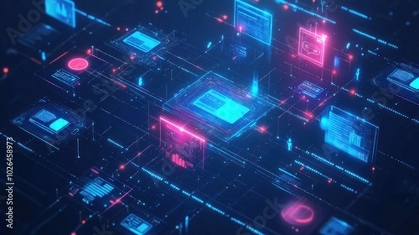 Fototapeta A futuristic digital landscape with interconnected data and technology elements.