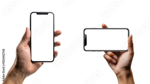 Fototapeta PNG Set Of Hands Holding Smartphones Mockups Whith Tranparent Background And Display
