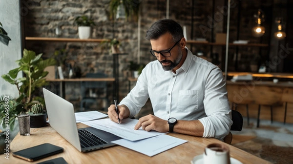 Fototapeta Man in white shirt working at desk with laptop and documents in modern office setting, surrounded by plants and brick wall background.