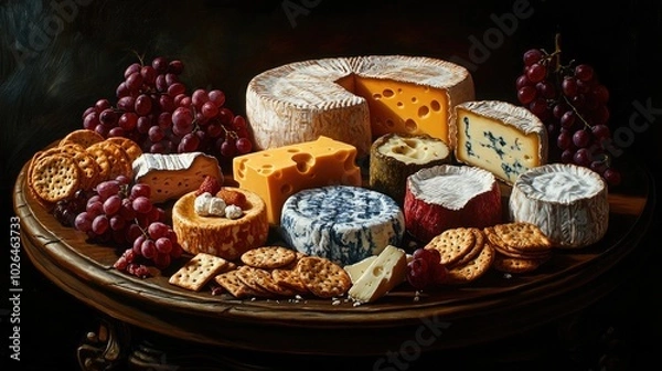 Fototapeta Assorted Cheese and Grape Platter with Crackers on a Wooden Surface