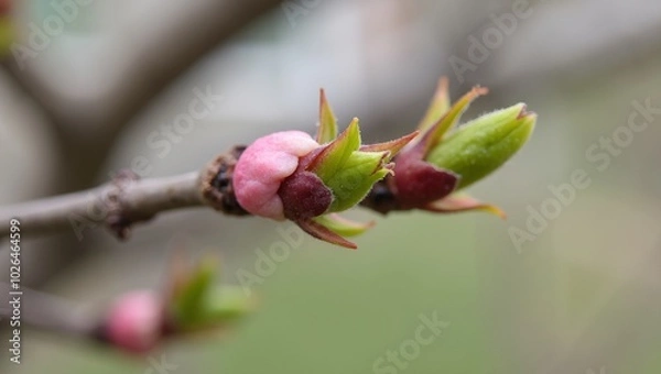 Fototapeta Fresh cherry blossom buds ready to bloom on tree branches in spring
