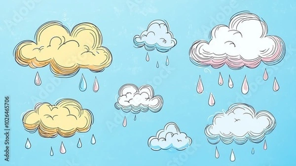 Obraz A Whimsical Representation of Clouds and Rain in a Blue Sky