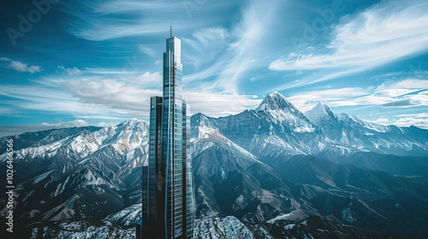 Obraz Modern Architecture against Dramatic Mountains, Skyscraper Contrast, Natural Environment, Perspective Emphasis, Scale, Vast Landscape, Breathtaking Widescreen Wallpaper, Contemporary Design Essence