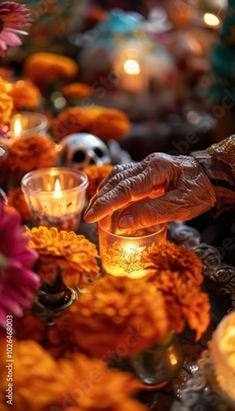 Fototapeta Día de los Muertos: Elderly Hand Lighting Candle on Vibrant Altar with Marigolds and Sugar Skulls