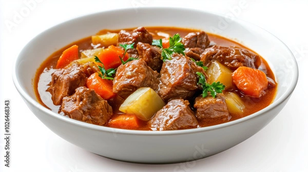 Fototapeta Classic beef stew with potatoes and carrots in white bowl