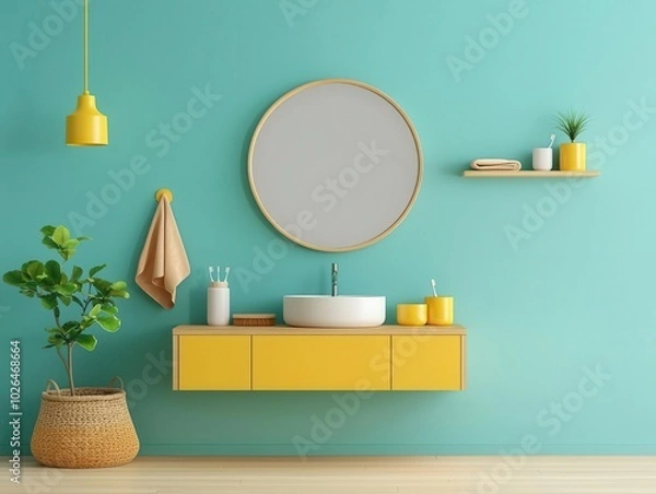 Fototapeta Bright kids bathroom with a cartoonthemed mirror, low sink, and childfriendly fixtures, playful design, kids bathroom decor