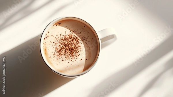 Fototapeta Hot chocolate with sprinkled cocoa powder in sunlight