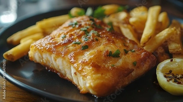 Fototapeta Golden Battered Fish and Crispy Fries on a Dark Plate
