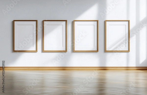 Obraz A minimalist gallery wall featuring four blank picture frames with golden borders, set against a white wall. Sunlight and shadows play on the wooden floor, creating a serene and elegant atmosphere.