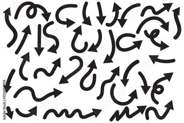 Fototapeta Hand drawn arrow vector icons set. Sketch arrow design for business plan and education. Set of arrows black icons. Circle arrows, rotate arrow, redo process symbol.