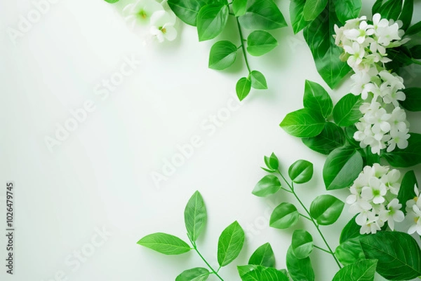 Fototapeta A beautiful arrangement of lush green leaves and elegant white flowers showcases natures artistry, perfect for enhancing any creative or commercial endeavor with a fresh aesthetic