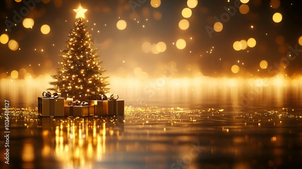 Obraz A beautifully lit Christmas tree adorned with golden lights and presents, set against a shimmering background