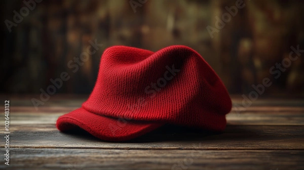 Fototapeta Red wool cap on rustic wooden surface