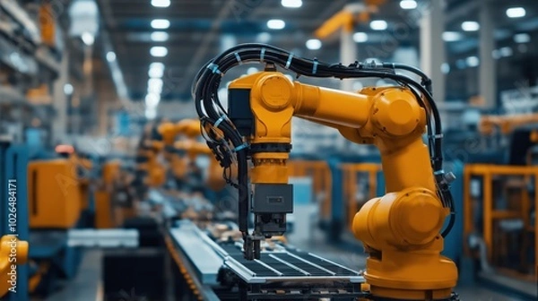 Fototapeta Industrial robotic arm actively working on assembly line in modern factory with automated machinery and equipment