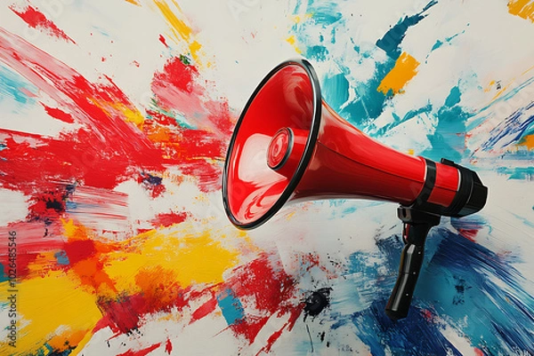 Obraz A red megaphone against a colorful abstract background, symbolizing communication and expression.